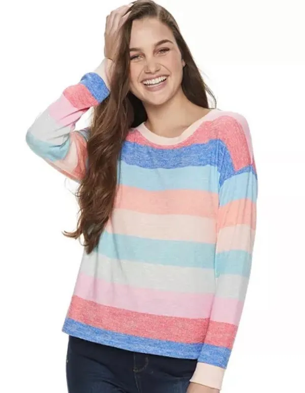 PINK REPUBLIC Long Sleeve Hacci T-Shirt Striped-Small - Image 3