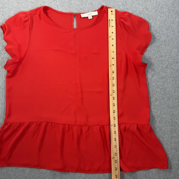 LOFT Women's Large Peplum Top Blouse Red Sheer Keyhole Back Short Sleeve - Image 5