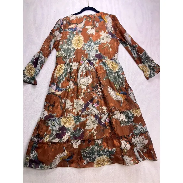 Hemant‎ & Nandita Floral Tiered Dress Women 6 Rust Orange V-Neck Long Sleeve - Image 8
