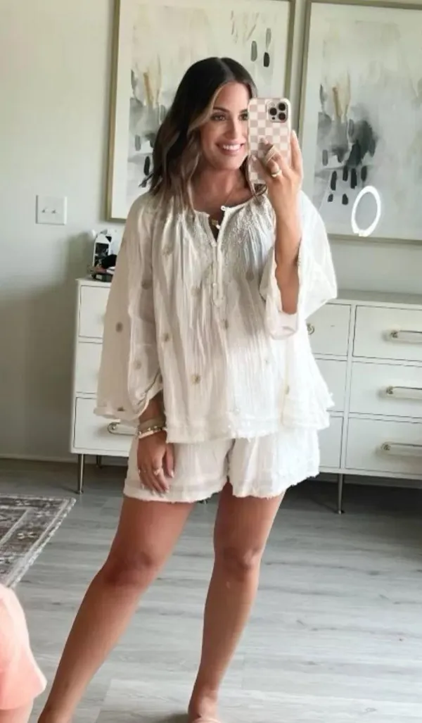 Free People NWT $168 Ivory Aldous Embroidered Button Front Raw Seaming Set S - Image 2