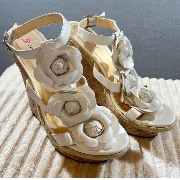 JustFab 826 | NIB White Floral Cork Espadrille Wedge Sandals White Size 9 Wedding Bridal - Image 2