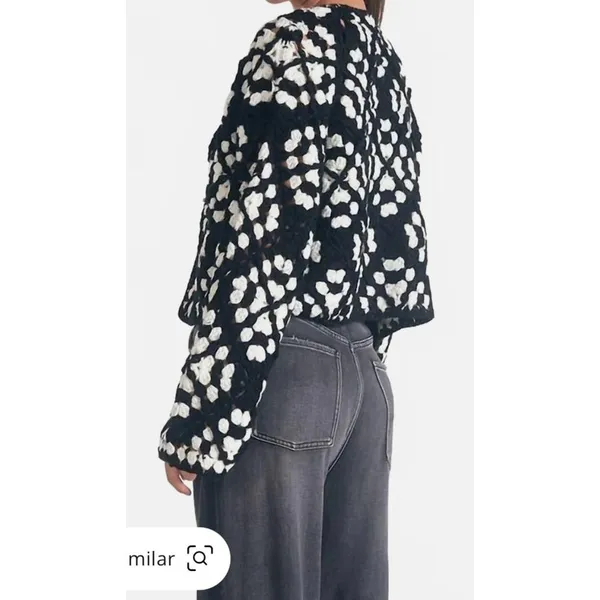 Elan Kylee Macrame Crochet Cropped Cardigan in Black/White, S - Image 3