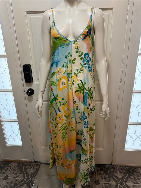Farm Rio Tropical Floral Slip Dress in Yellow, Blue & Green Size Small - Image 3
