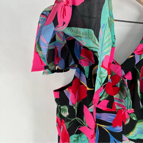 Cupio Tropical Floral Print Chiffon Ruffle Flutter‎ Sleeve V Neck Jumpsuit - Image 5