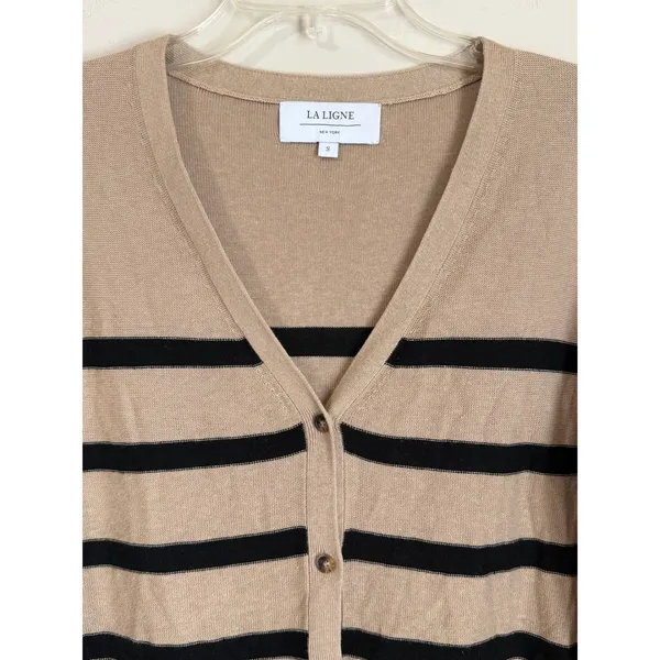 La Ligne Cardigan Women Size S Tan Black Striped Linen Cropped V-Neck - Image 3