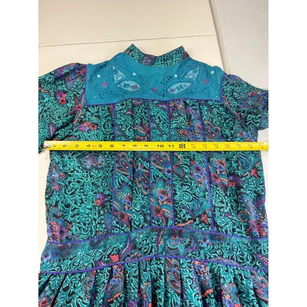 Vintage Phool Paisley Midi‎ Dress Teal Purple Mock Neck Short Sleeve India M - Image 5