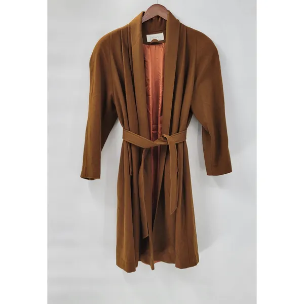 Vintage J. Hilary Wool Coat Womens 4 Belted Camel Brown Long Trench Made in USA - Image 9