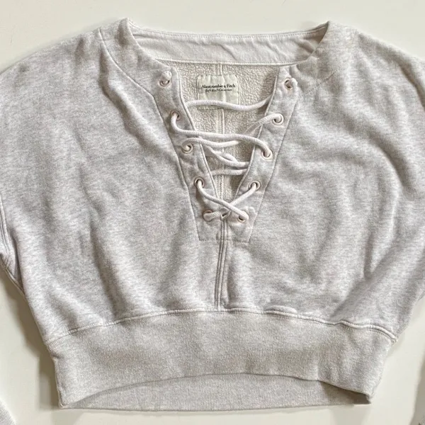 Abercrombie Fitch Lace Up Cropped Sweatshirt Light Grey XXS Soft‎ A&F Collection - Image 7