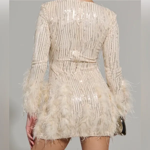 Akira Sequin Glam Feathers Mini Longsleeve Dress - Image 4