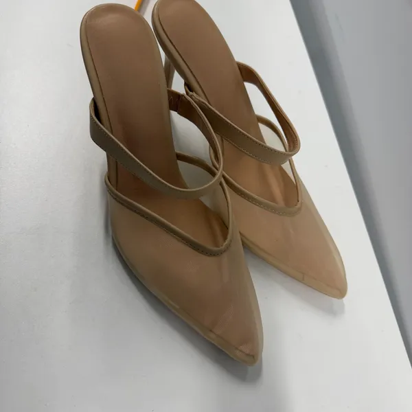 Nude Mesh Pointed Toe Mules Double Strap Stiletto Heels Beige Size 8.5 Tan - Image 9