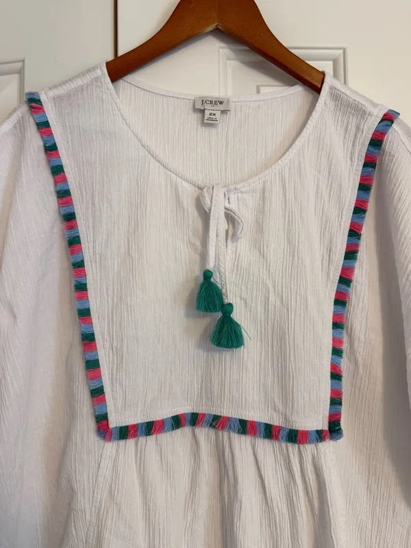 J.Crew Factory White Tassel Beach Tunic with Pink, Green and Blue Trim 2X - Image 6