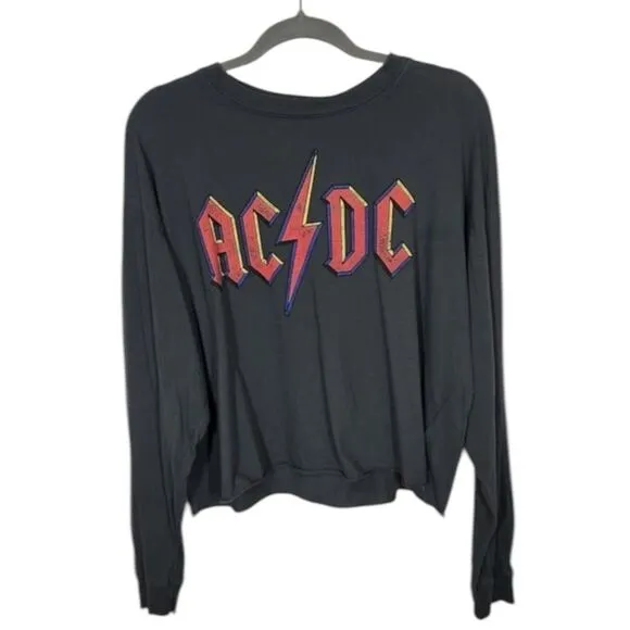 Free People Daydreamer Size S AC/DC Long Sleeve Graphic Tee Charcoal Black‎ Boxy - Image 2