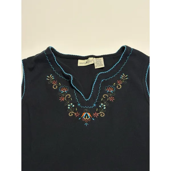 Vintage White Stag Embroidered Tank Top Black Sleeveless Boho Women's Large - Image 2
