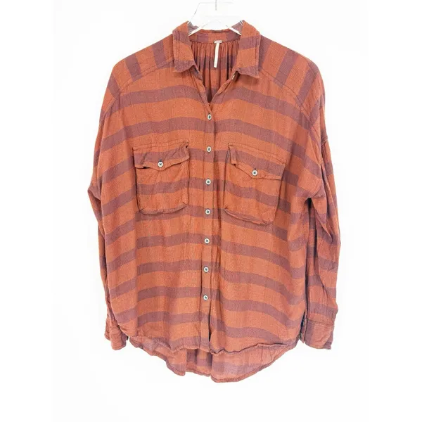 Free People Fawn Over You‎ Plaid Button Down Top Women's XS Orange Boho Chic - Image 2