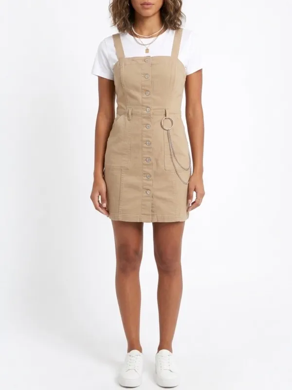H&M Divided Tan Twill Button Front Pinafore Mini Dress Chain Grunge Y2K Size S - Image 5