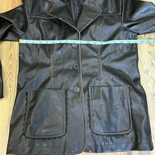 American Vintage Y2K 90s Faux Leather Brown Pleather Jacket Boho Hippie Flower Lace Distressed - Image 9