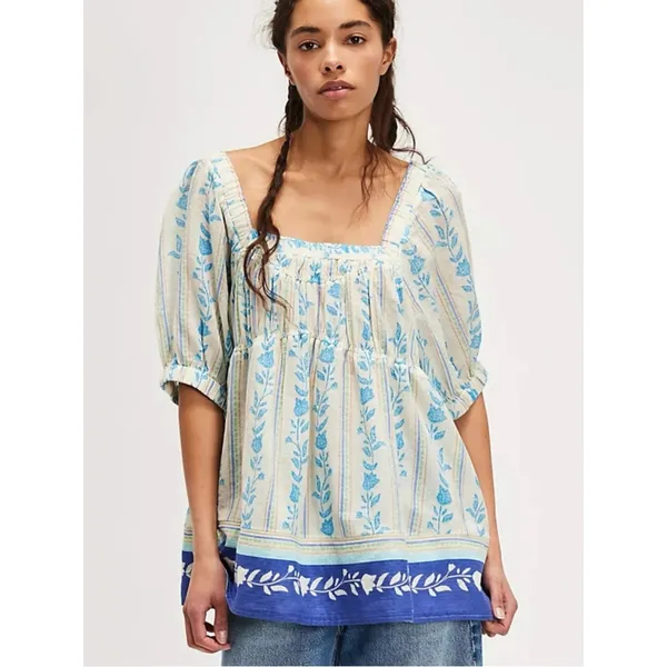 Free People Bohemian 70s Block Print Santorini Printed Babydoll Tunic Size Large - Image 13