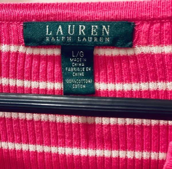 Ralph Lauren Pink White Stripe Knit Henley Knit Top L Preppy - Image 4