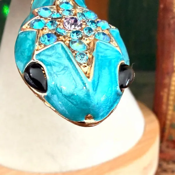 Turquoise Enamel Snake Brooch – Rhinestone Statement Serpent Pin Blue - Image 4