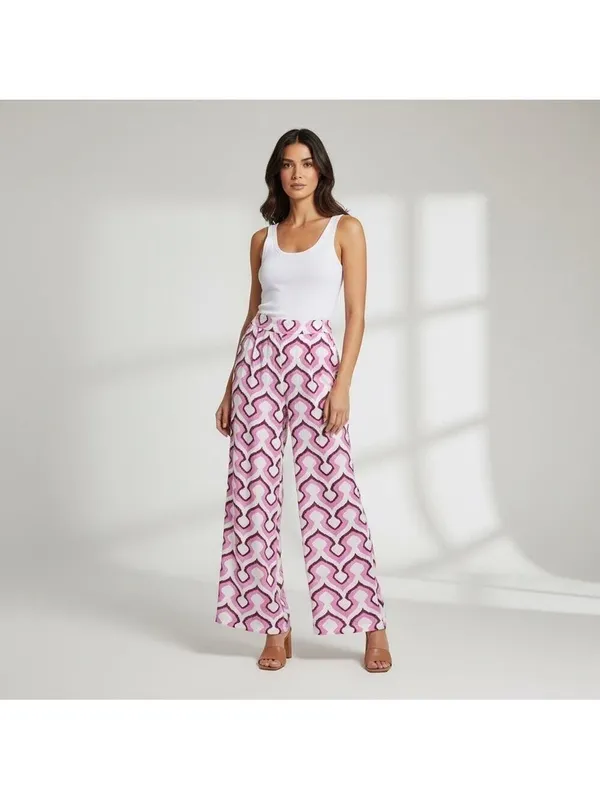 Rose + Olive Pink Geometric Wide Leg Flowy Palazzo Silky Pants L Coastal Resort - Image 2