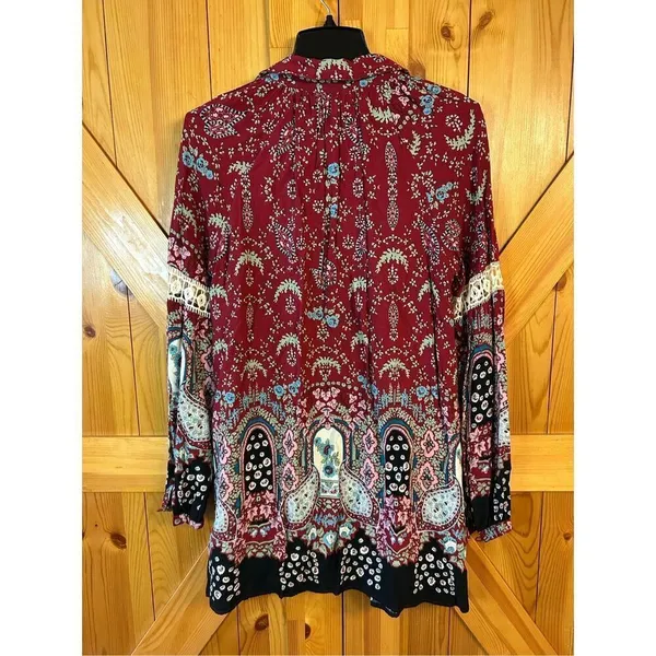 Entro Anthropologie Boho Lace Tunic Shift Dress Red Floral Women Small (0948) - Image 7