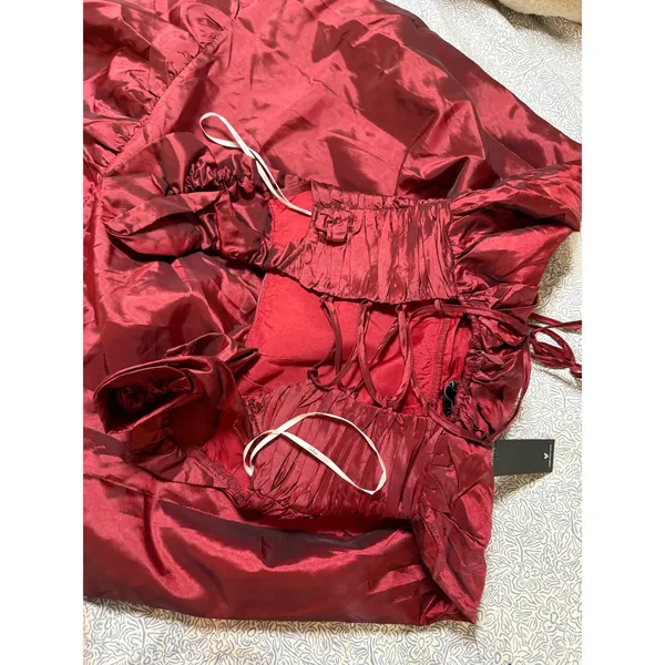 NWT Lulus Size XS Poised Passion Wine Red Taffeta Pleated Ruffled Midi Dress - Image 5