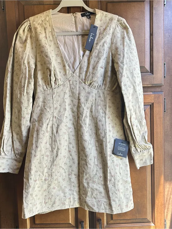 Lulu’s Darling Girl Beige Floral Twill Long Sleeve Mini Dress L - Image 5