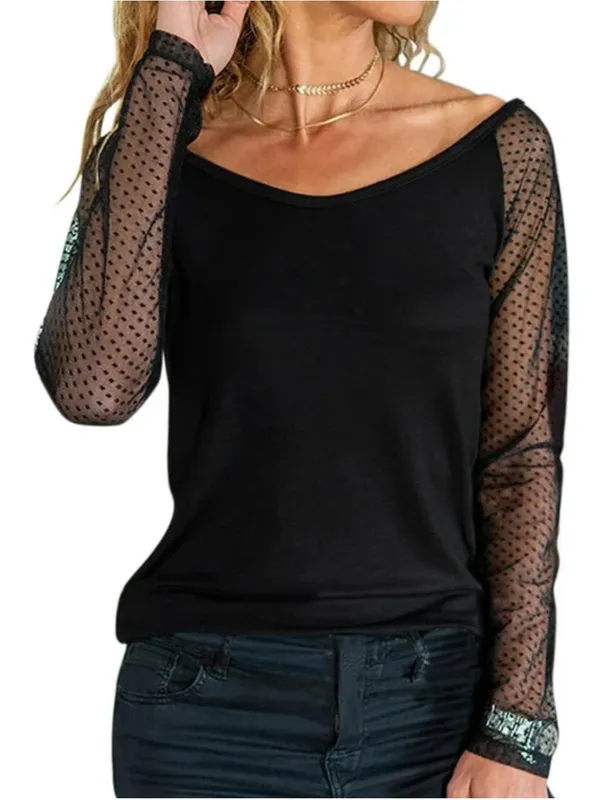 NWT Sheer Dot Mesh Sleeve Black Women's Top - Image 2
