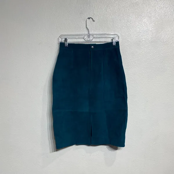 Fashion House Teal Suede Leather High Waist Mini Skirt Vintage Sz 10 - Image 9
