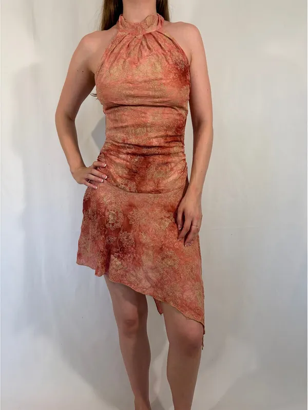High Neck Y2k Asymmetrical Skirt Orange and Red Sparkly Party Dress - Image 3
