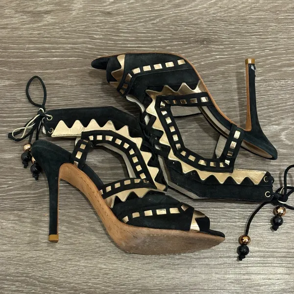 Sophia Webster Riko Black Suede Rose‎ Gold Geometric Peep Toe Stiletto Heels 8 - Image 5