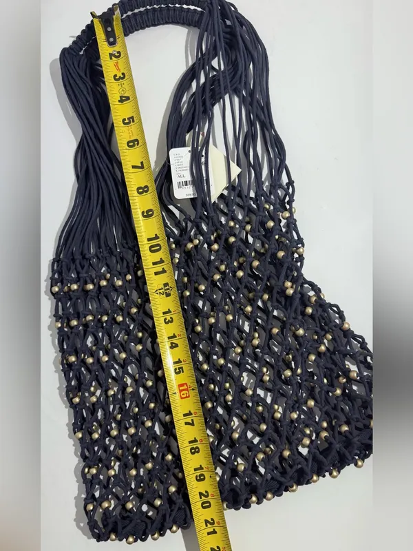 NWT Free People Navy Macramé Tote with Gold Bead Accents - Image 5