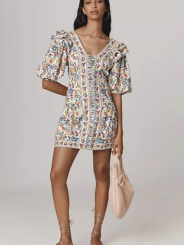Farm Rio Greek Garden Floral Linen Blend Ruffle Tie Back Mini Dress Size M - Image 16