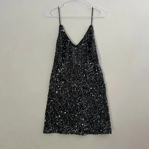 Lulus XS Black Sequin Mini Dress V Neck Sparkle Party Cocktail - Image 2