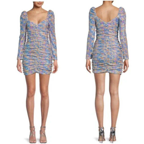 SAYLOR Multicolour Sequin Ruched Bodycon Dress Small Long Sleeve Mini - Image 15