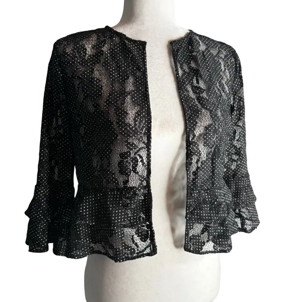 LRL Ralph Lauren Small Lace Overlay Cardigan Bell Sleeve Open Sheer Black Ruffle - Image 2