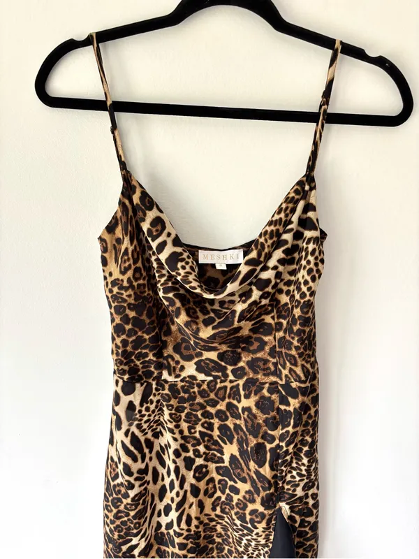 Meshki Leopard Cheetah Print Midi Slip Dress Cowl Neck Party Event Cocktail - Image 2