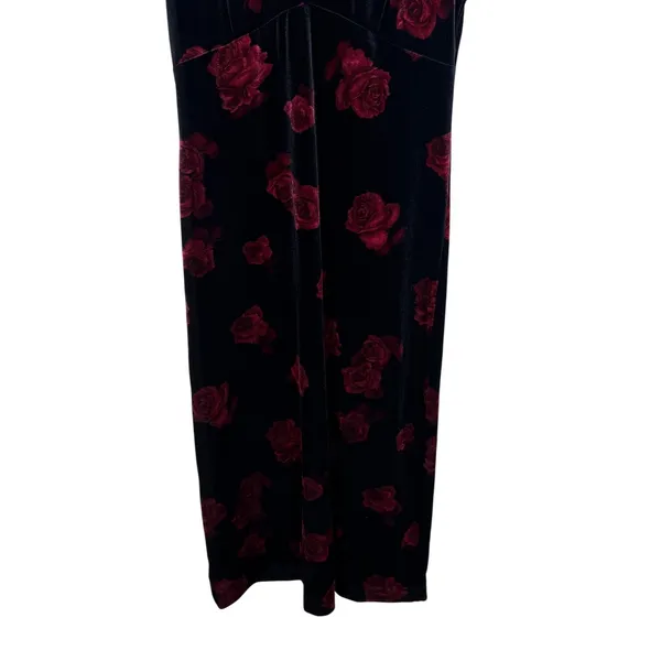 Vintage Black Velvet Red Rose Floral Maxi Dress Mandarin Collar 90s Goth Dress - Image 3