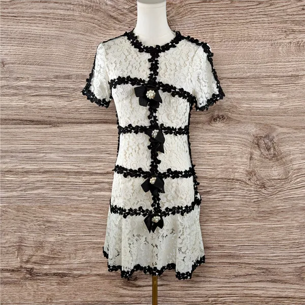 Son Yoon Joo Black White Lace Bows Fitted Pencil Sheer Unlined Dress Coquette - Image 2