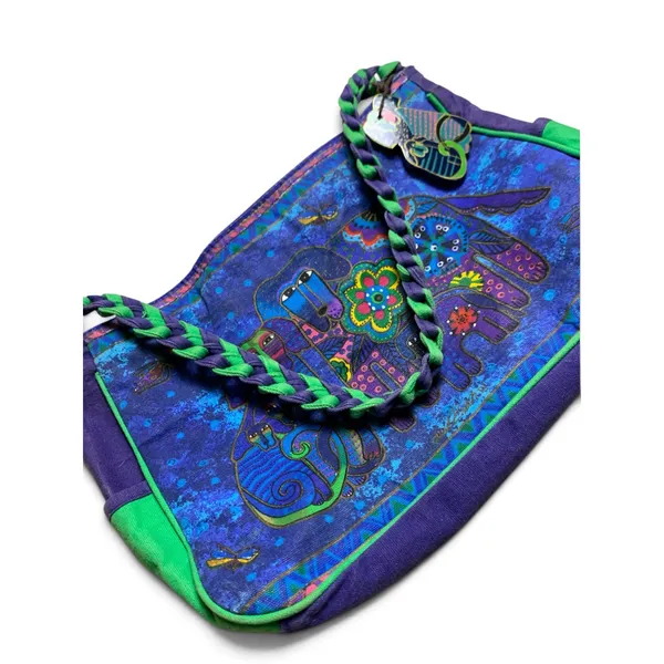 Laurel Burch Shoulder Bag Cats Dogs Purple Green Canvas Art Purse Vintage - Image 11