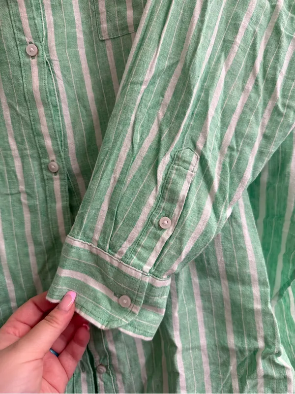 Aerie Green White Striped Linen Blend Coverup Button-Up Shirt - size L - Image 5