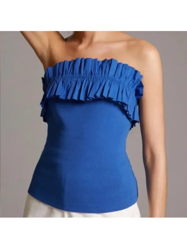MAEVE by ANTHROPOLOGIE Poplin Ruffle‎ Tube Top in Blue Size Small - Image 2