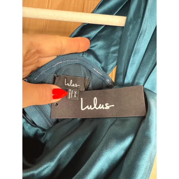 NWT Lulus Stunning Arrival Dark Teal Satin Off-The-Shoulder Maxi Dress Size XS - Image 7