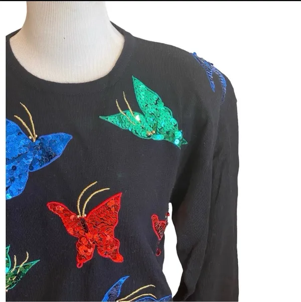 Vintage Sequin Butterfly Sweater Black Red Green Blue M Bling Multicolor - Image 3