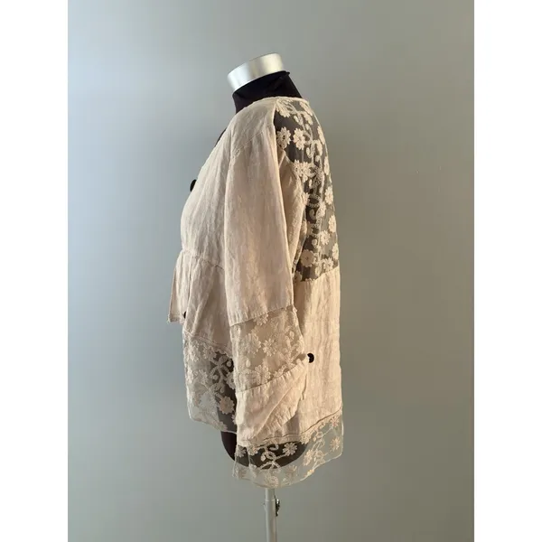 Linen Blouse Jacket Womens XL Blush Pink Lace Detail Boho Fairy Whimsy Coquette - Image 3