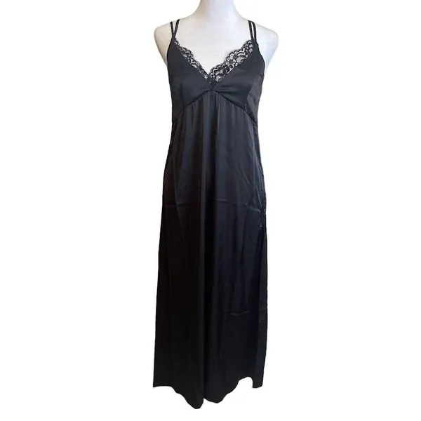 Lea & Viola NWT Black Satin Lace Slip Midi Dress 90s Lingerie Style S - Image 2