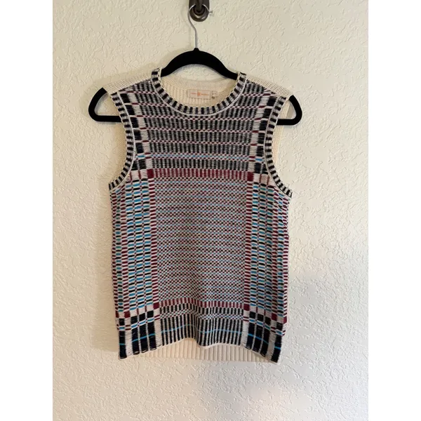 Tory Burch Sweater Vest Multicolor XS Womens Geometric Plaid Layering Knit - Image 8