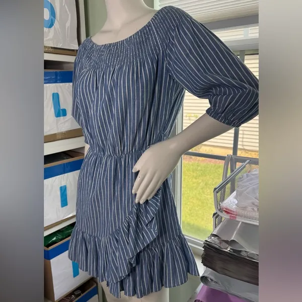 TULAROSA Maida Ruffle Dress in Blue White Stripe Size Small - Image 9