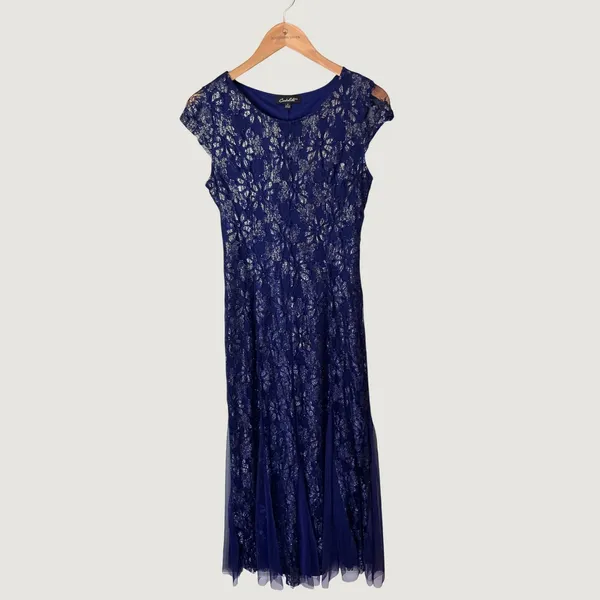 Candalete Royal Blue Silver Metallic Floral Lace Cap Sleeve Gown Maxi Dress S - Image 2
