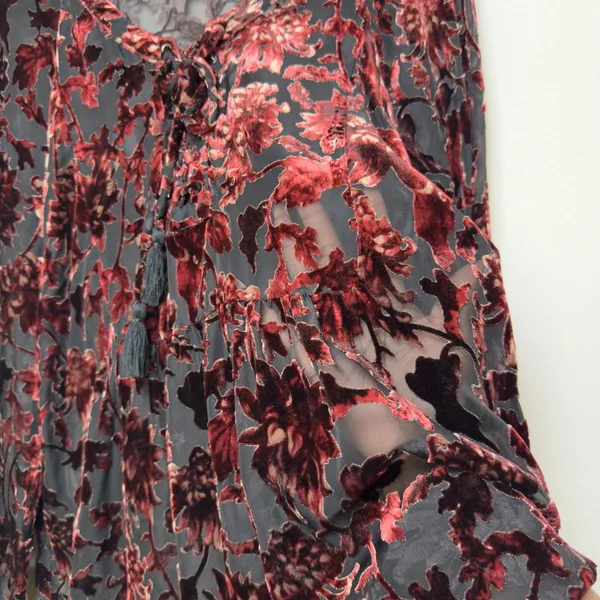 Shyanne Women Velvet Burnout Blouse Top XL Burgundy Floral Paisley Lace Up Sheer - Image 9